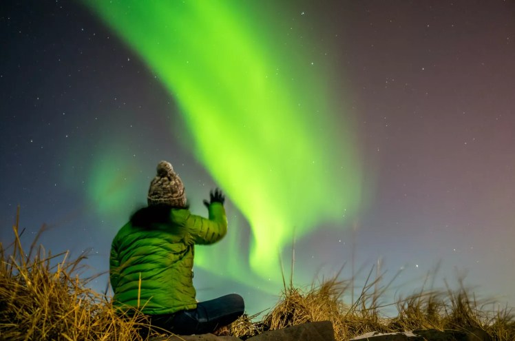 A person in a beanie and thick green jacket looks up at green Northern Lights.