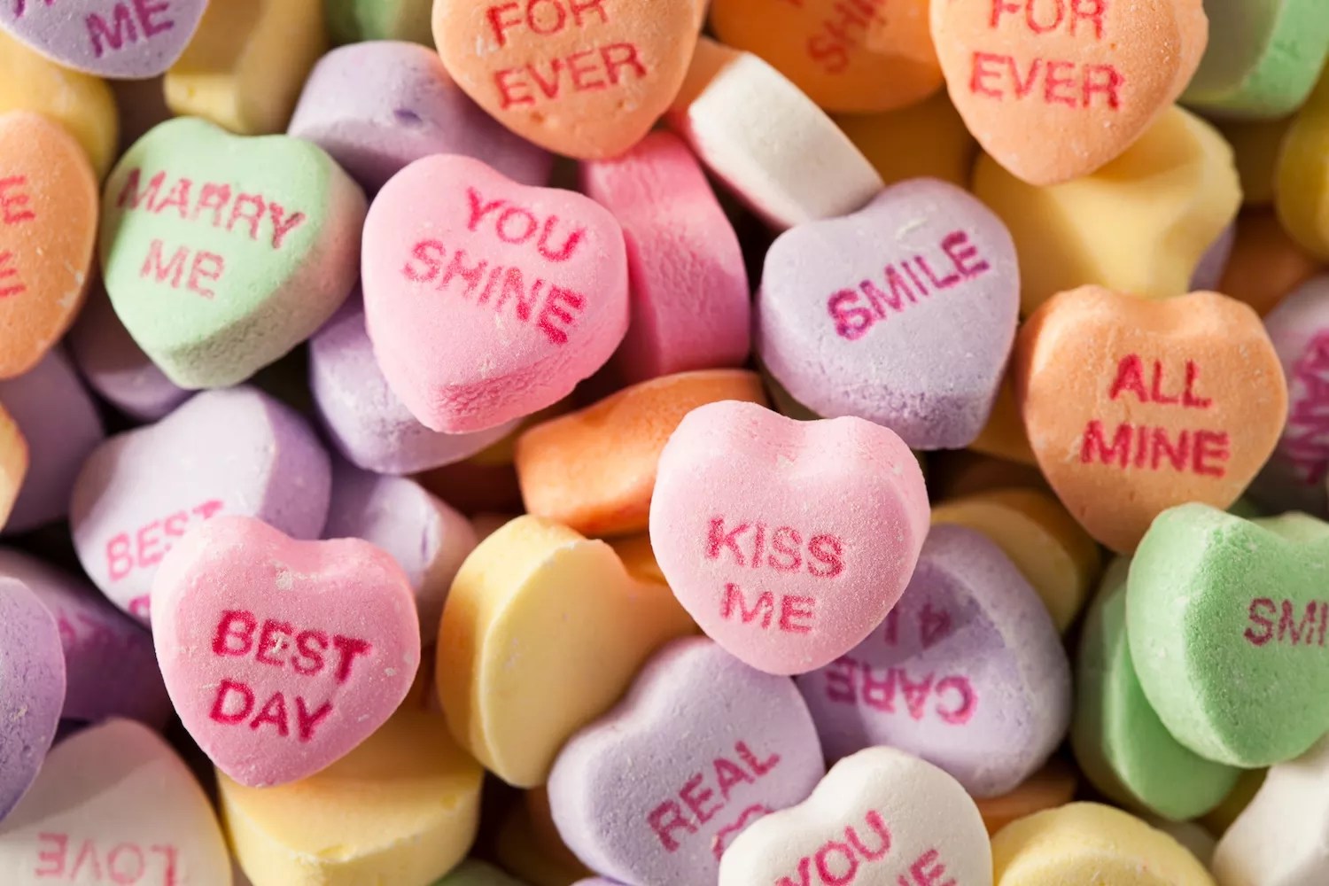 close-up stock photo of Valentine candy conversation hearts