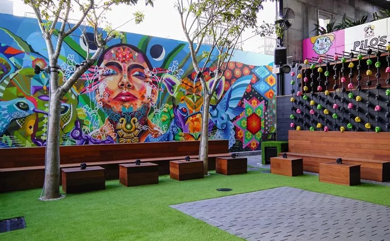 a patio with graffiti art