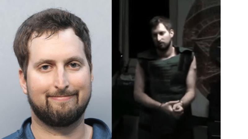 A man smiles in a mugshot and appears in handcuffs at a court hearing.