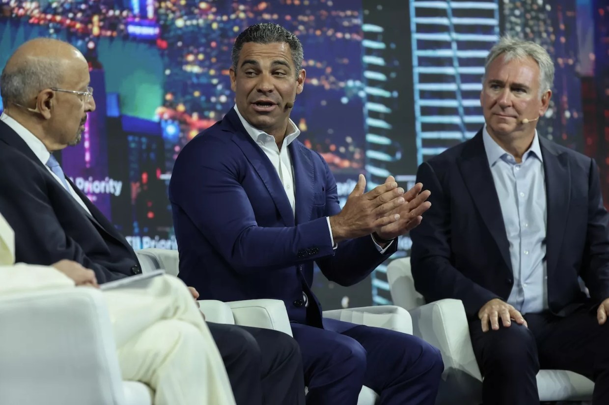 (L-R) H.E. Khalid bin Abdulaziz Al-Falih, Minister of Investment, Ministry of Investment of Saudi Arabia; Mayor Francis Suarez of Miami; and Kenneth C. Griffin, Founder & CEO, Citadel, sit on a panel together during the second day of the FII PRIORITY Summit held at the Faena Hotel on February 20, 2025, in Miami Beach