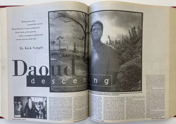 a photo of two facing pages of an alternative weekly newspaper that's archived in a hardbound volume