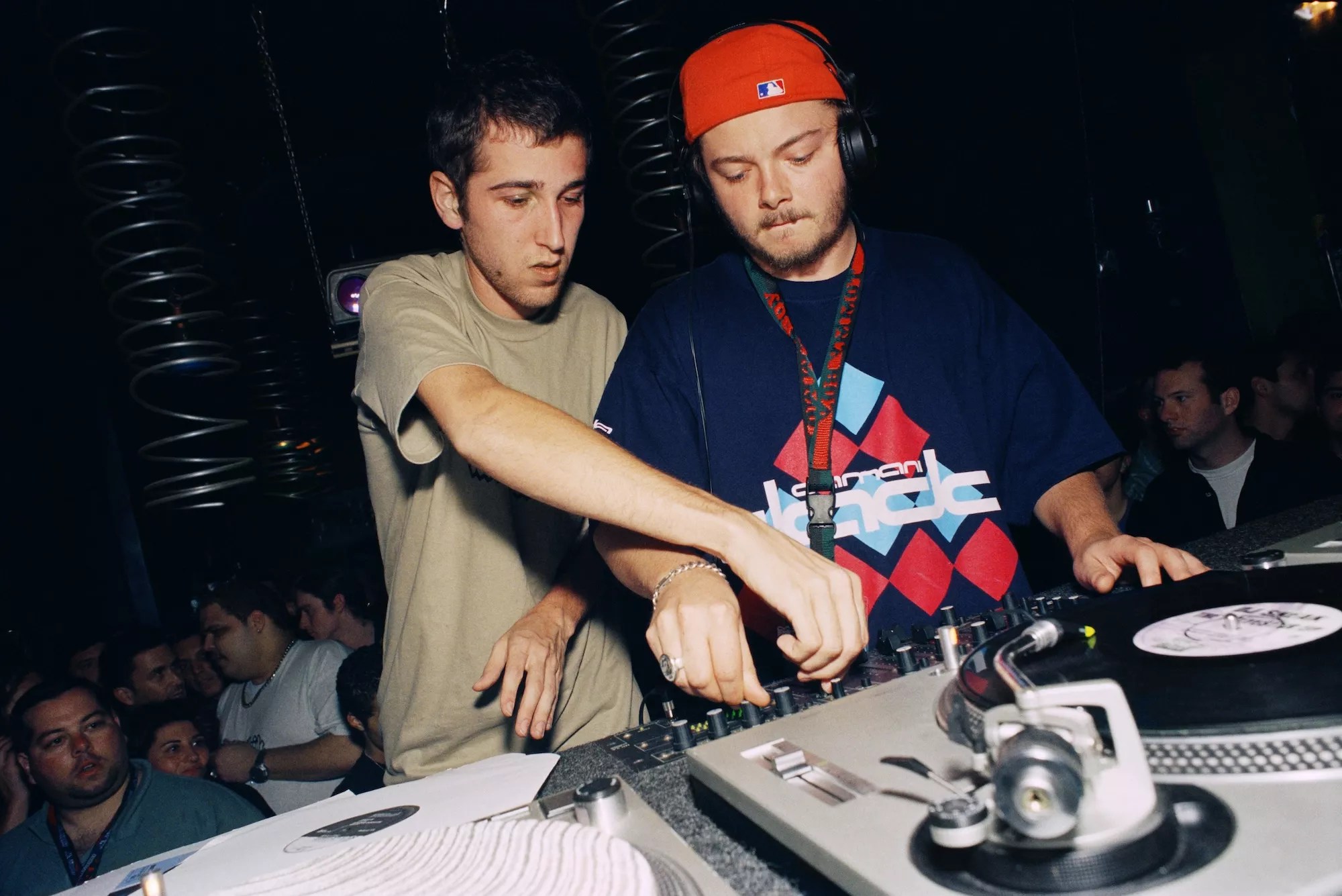 Thomas Bangalter and Guy-Manuel de Homem-Christo spinning at the Mission nightclub in Miami Beach on March 15, 1999