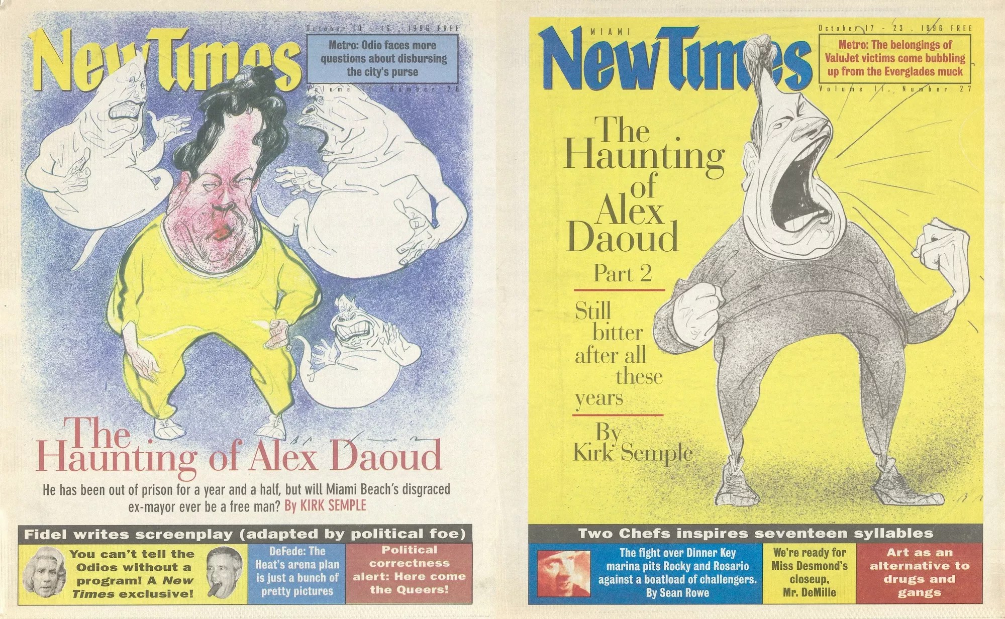 two covers featuring caricatures of Miami Beach mayor Alex Daoud, who was imprisoned on corruption charges for 17 months in late 1993