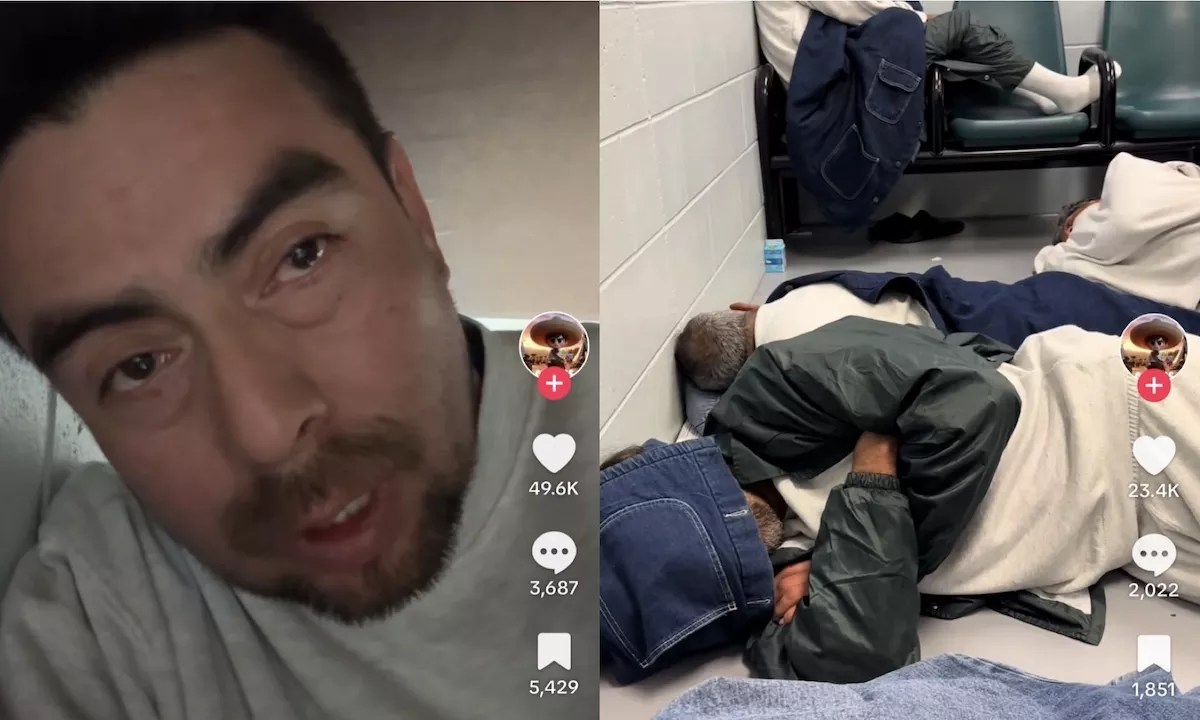 A photo collage of a a man being held at Miami's Krome North Service Processing Center who is posting TikTok videos about the conditions at the facility and a photo of detainees sleeping on the concrete floor of the detention center's waiting room.