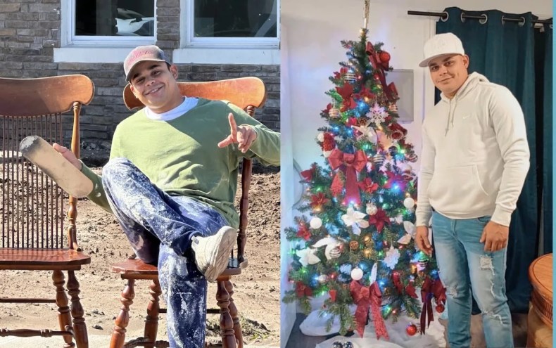 Left: a young man smiles from a wooden chair/ Right: The same young man poses next to a Christmas tree.