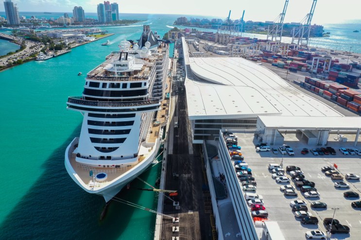 god's-eye view of a cruise ship at port