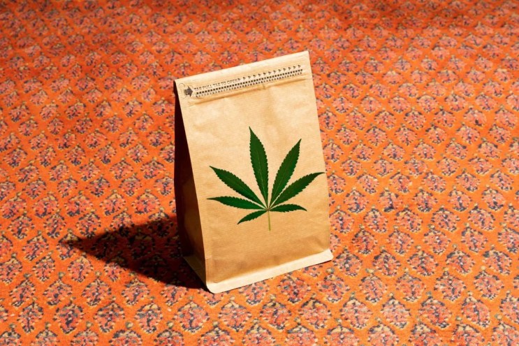 A brown paper bag with a marijuana symbol on it against an orange background