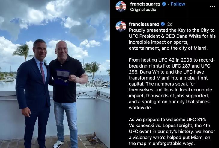 Screenshot from Instagram. Francis Suarez poses with Dana White, who holds a key to the City of Miami.