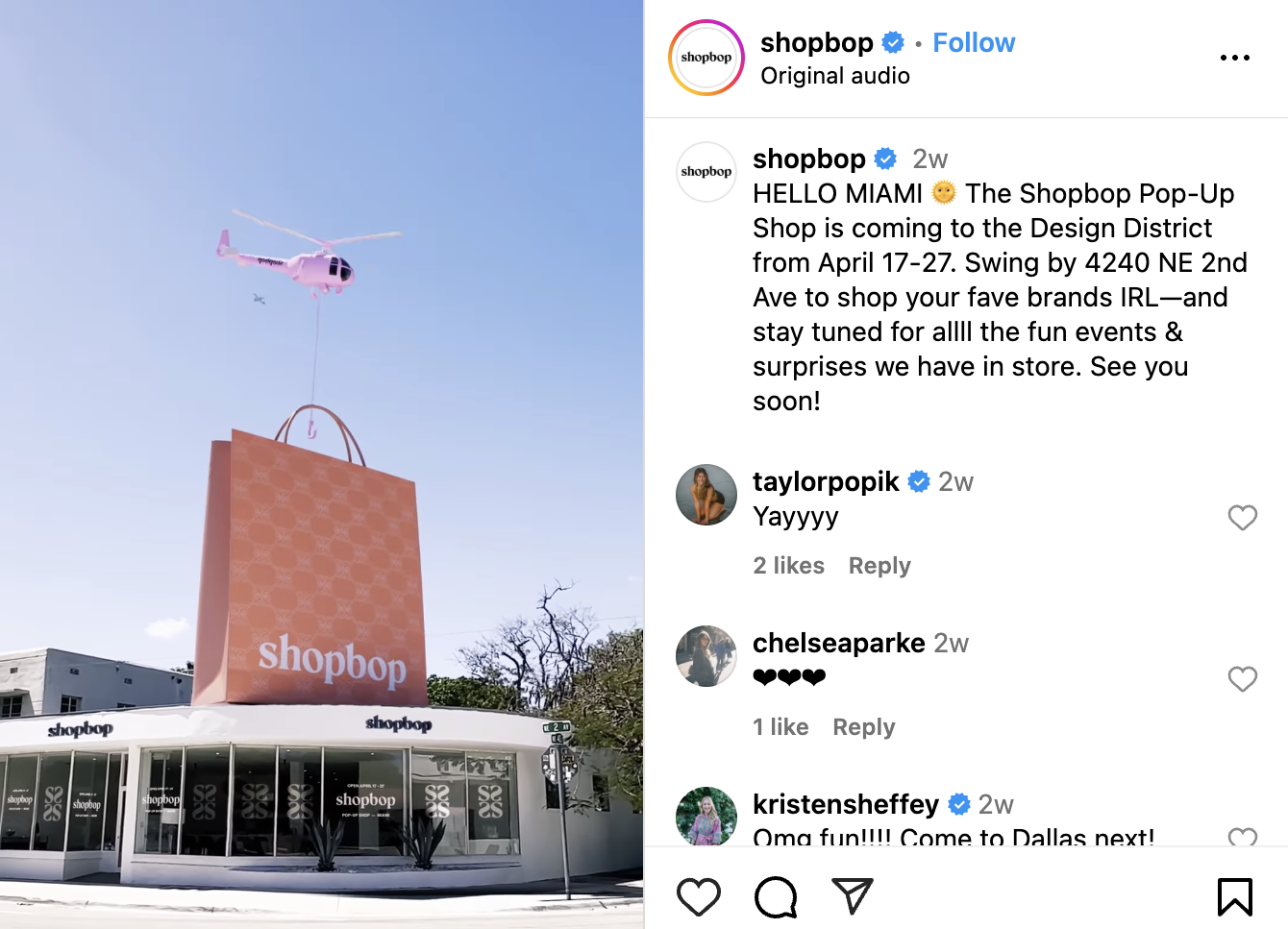 screenshot of an Instagram post by Shopbop announcing a pop-up in Miami