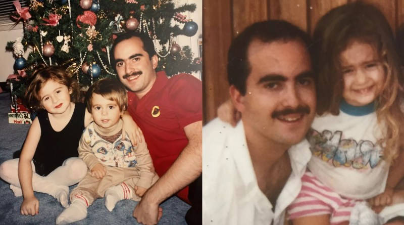 A photo of Leslie Roberts with his two children in front of the Christmas tree and a photo of Leslie Roberts with his daughter as a toddler