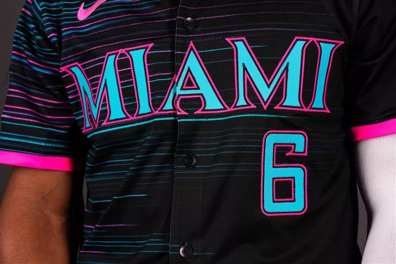 detail of the front of the Miami Marlins' 2025 "Retrowave" City Connect jersey