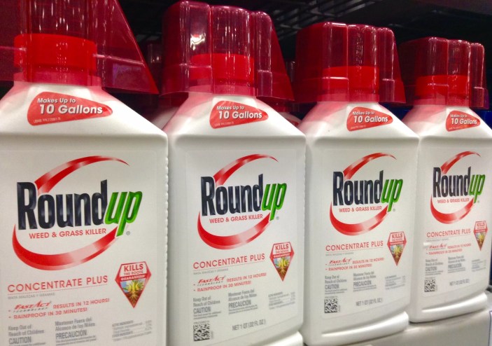 Bottles of herbicide "Roundup" sit on a shelf.