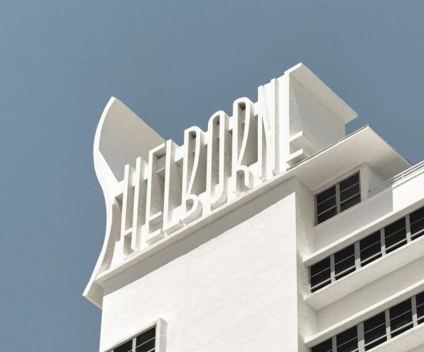 the logo facade of the Shelborne hotel in Miami Beach