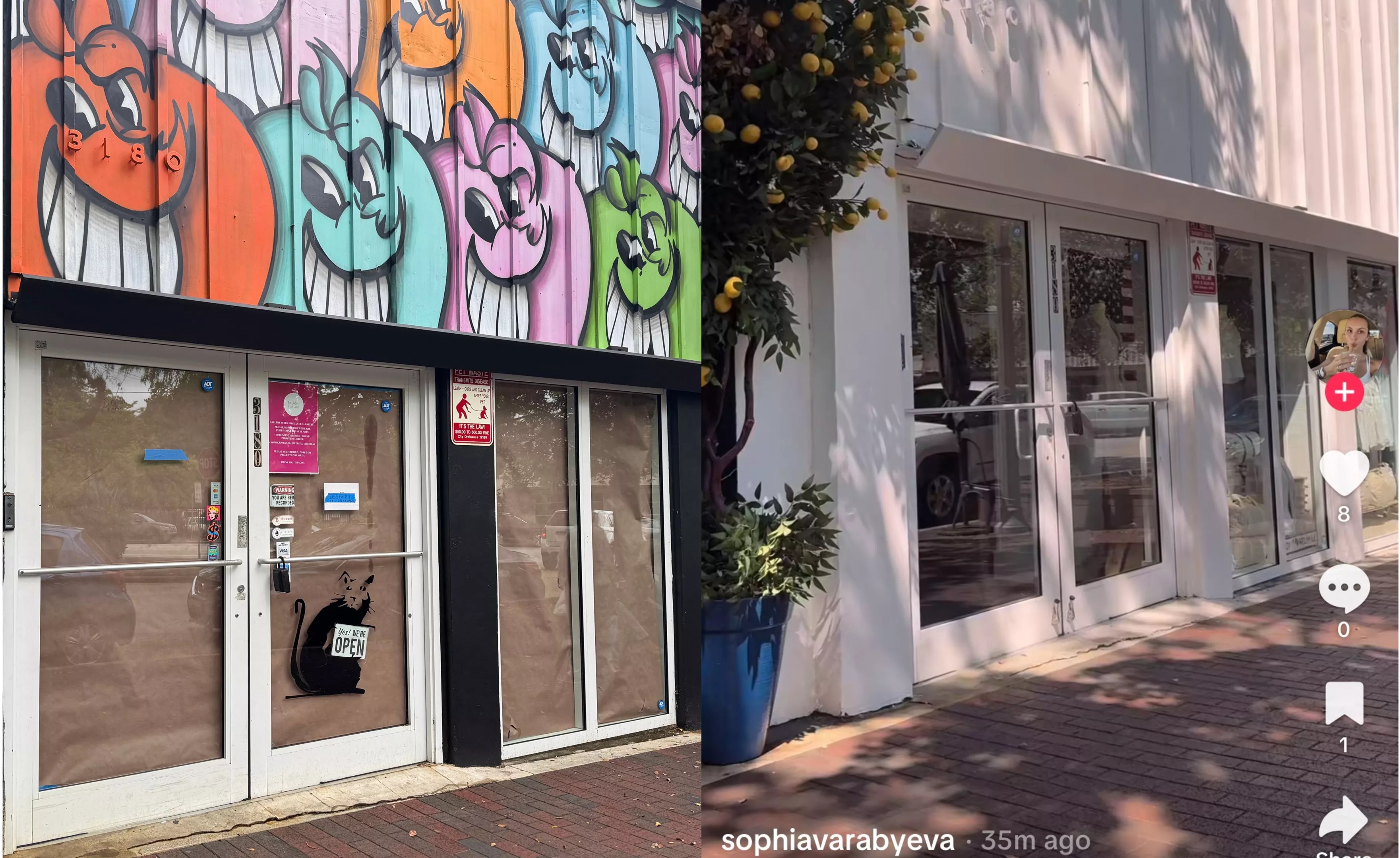 A collage of shuttered Miami Fine Art Gallery with smiley faces painted on the front (left) and all white Brandy Melville store (right).