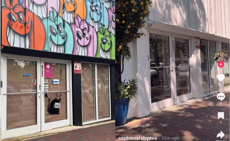 A collage of shuttered Miami Fine Art Gallery with smiley faces painted on the front (left) and all white Brandy Melville store (right).