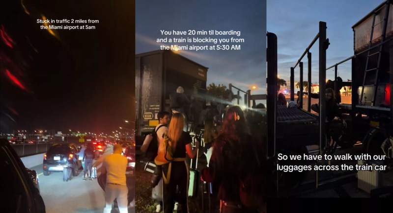 TikTok screenshots of people climbing over train outside Miami International Airport