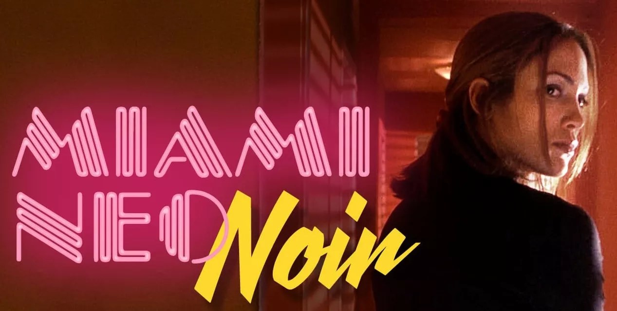 a film still of Jennifer Lopez from 1998's <i>Out of Sight</i> overlayed with neon graphics reading, "Miami Neo-Noir"
