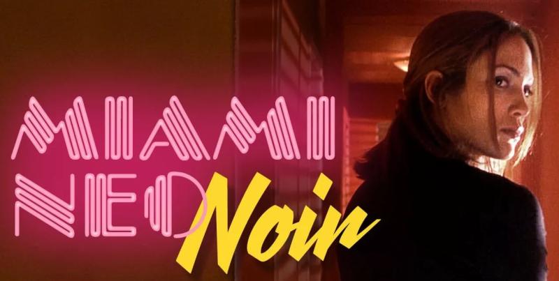a film still of Jennifer Lopez from 1998's Out of Sight overlayed with neon graphics reading, "Miami Neo-Noir"