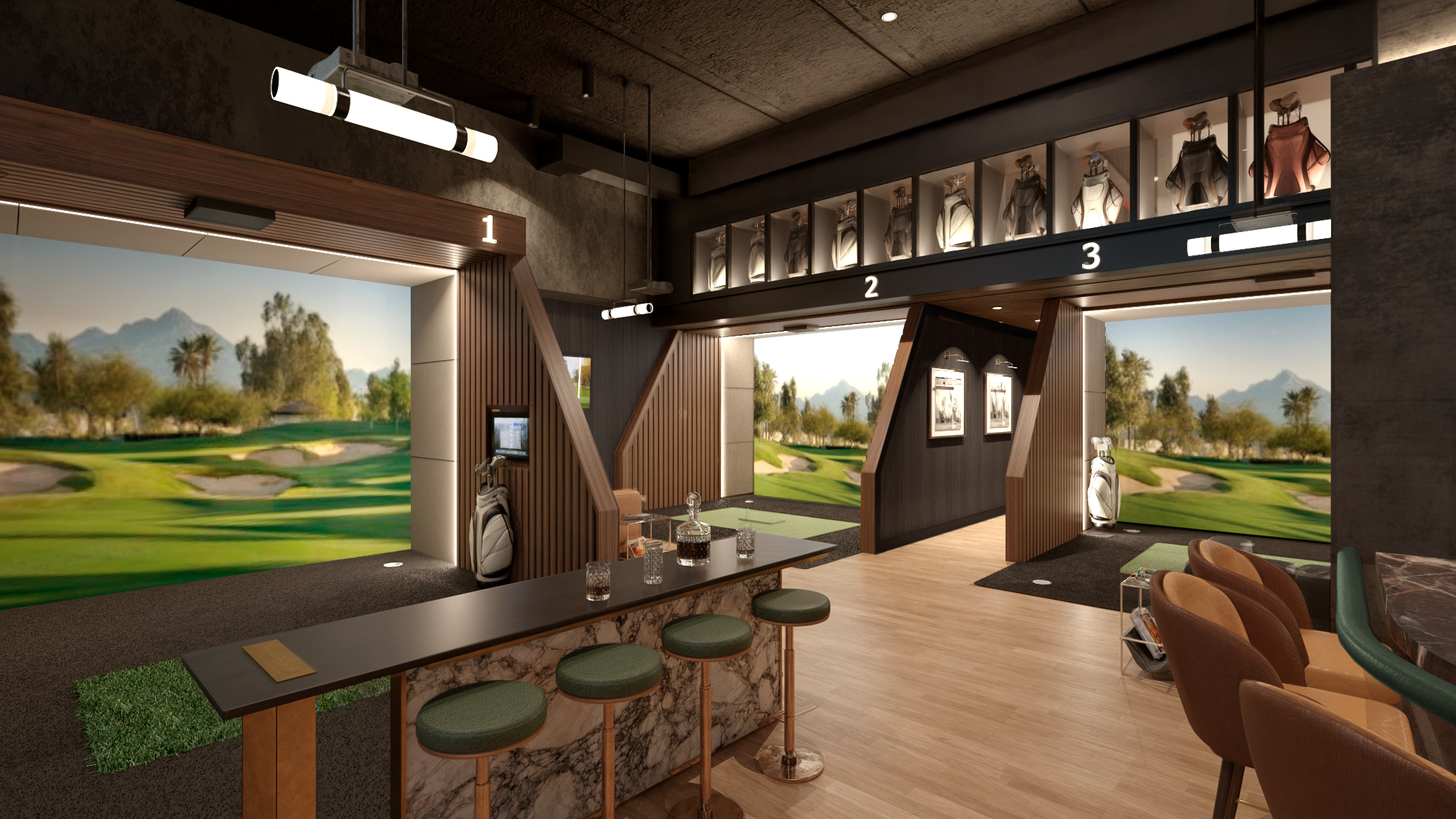 rendering of an indoor golf club featuring three bays and a bar