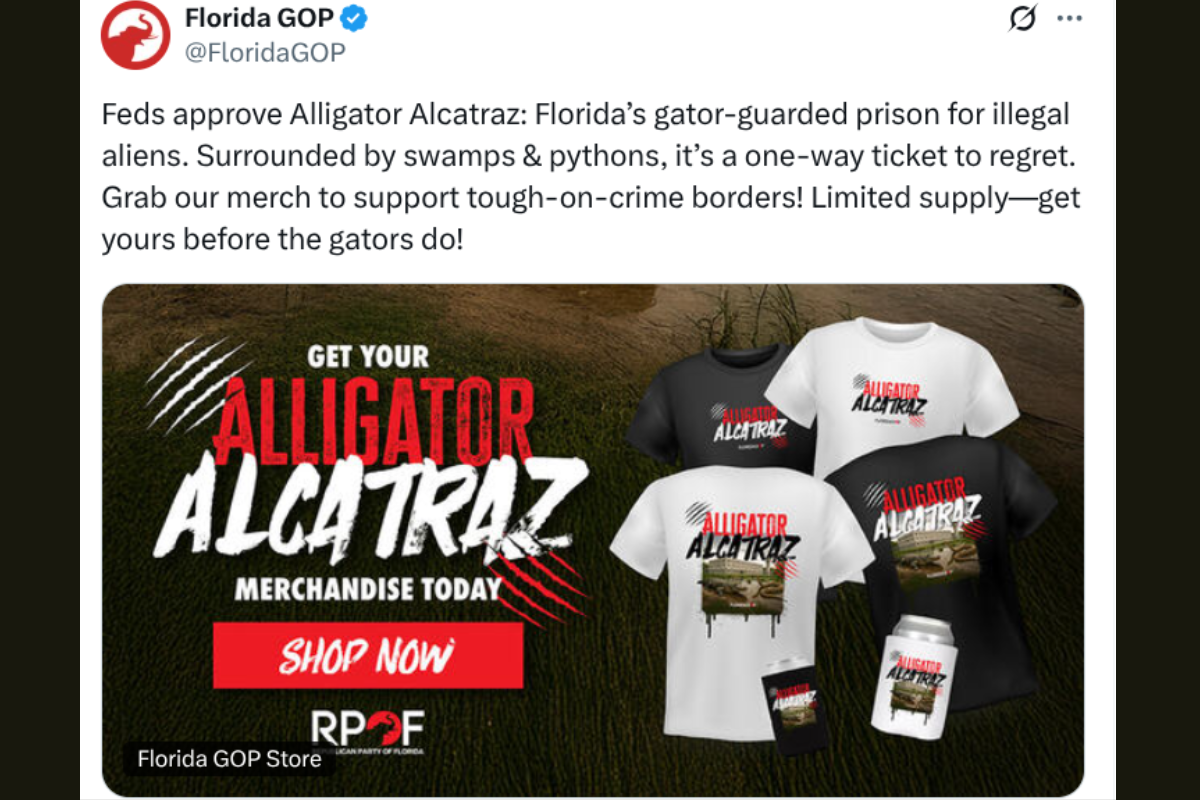 A screenshot of "Alligator Alcatraz" merch being sold by the Florida GOP.