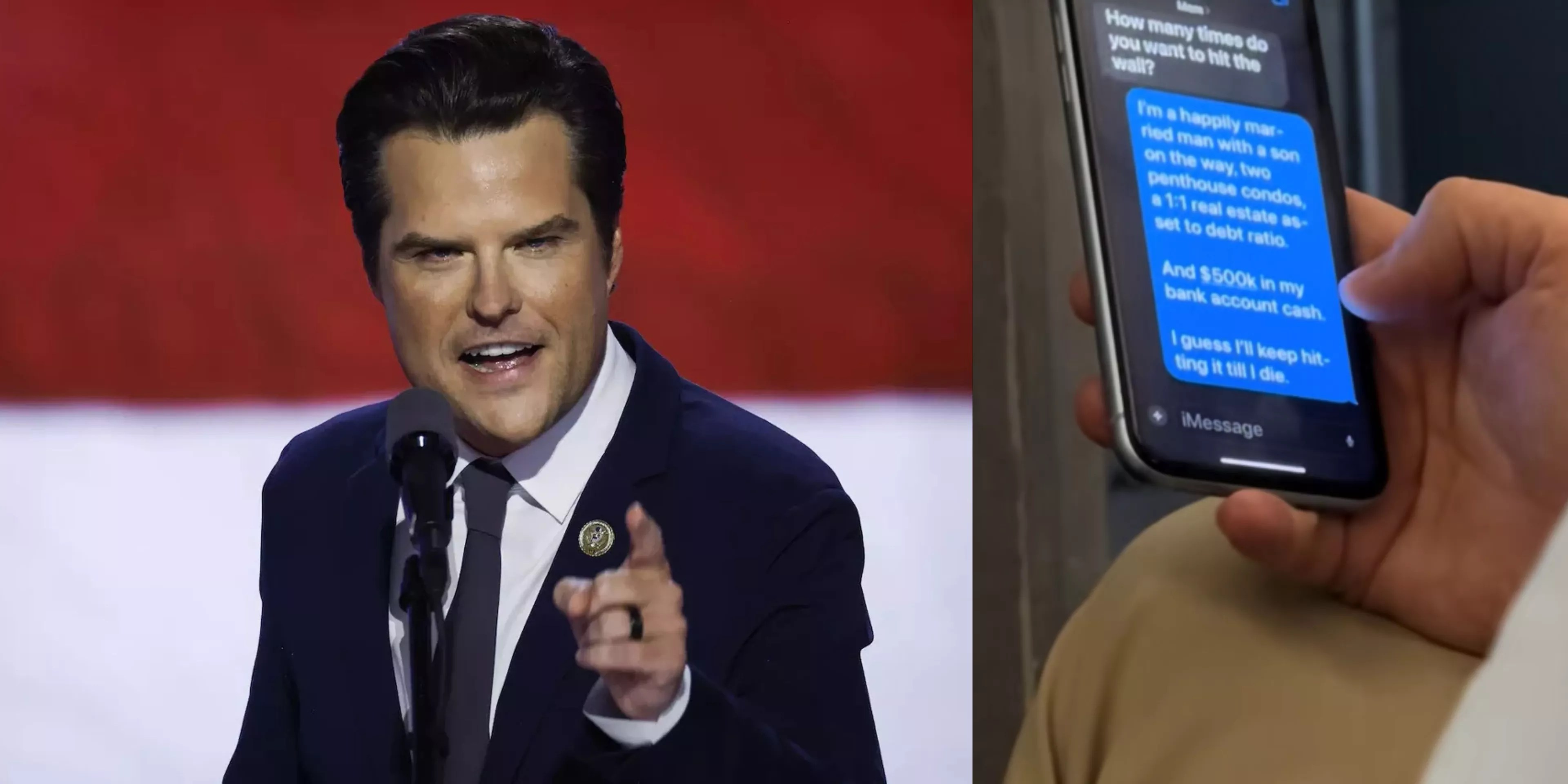A collage of Matt Gaetz speaking on the left, a screenshot of Matt Gaetz's text to his mom