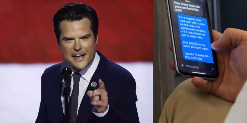 A collage of Matt Gaetz speaking on the left, a screenshot of Matt Gaetz's text to his mom