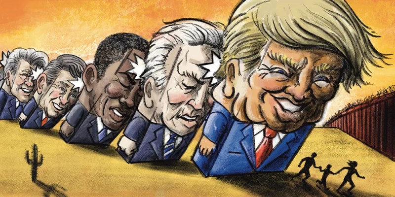 a series of presidents-as-dominos — from bill clinton to george bush to barack obama to joe biden — knock into each other, pushing a trump domino onto a small family in the desert