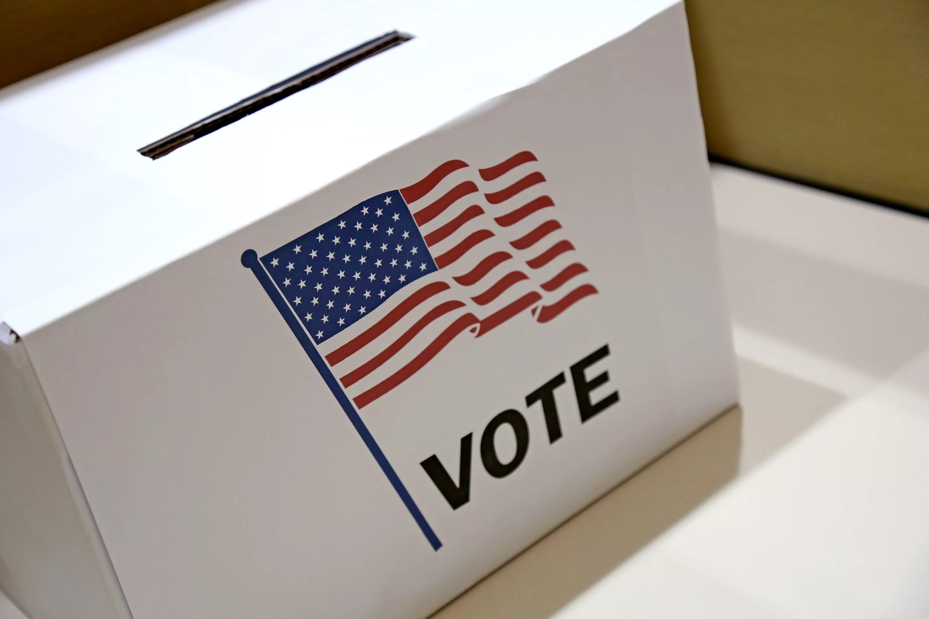A ballot box sits at an election center.