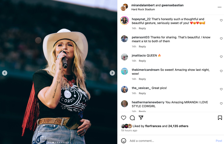 Screenshot of an Instagram post by Miranda Lambert