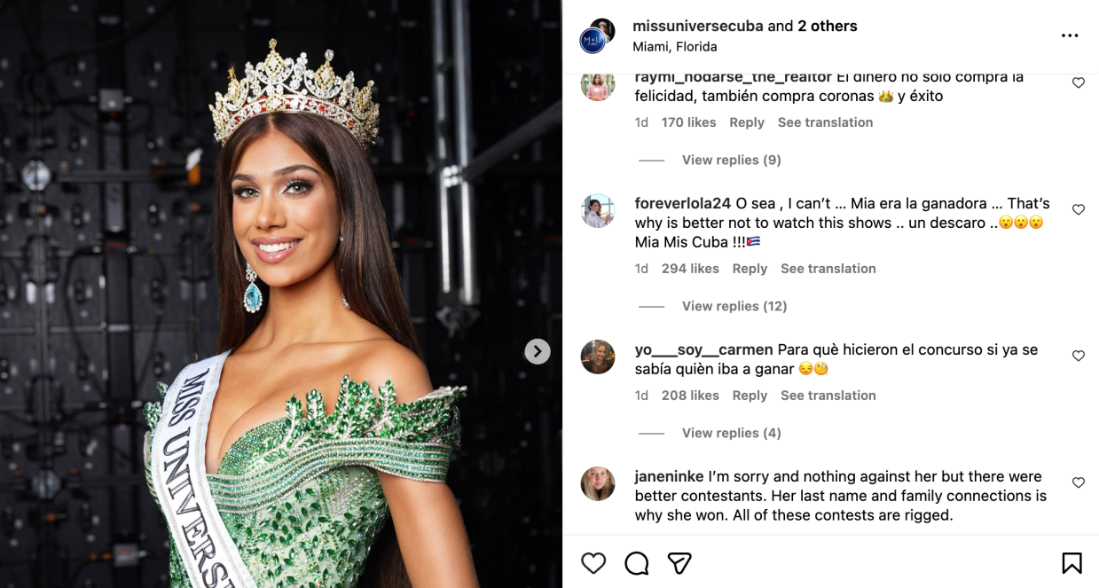 screenshot of an Instagram post showing a pageant winner and negative comments about her win