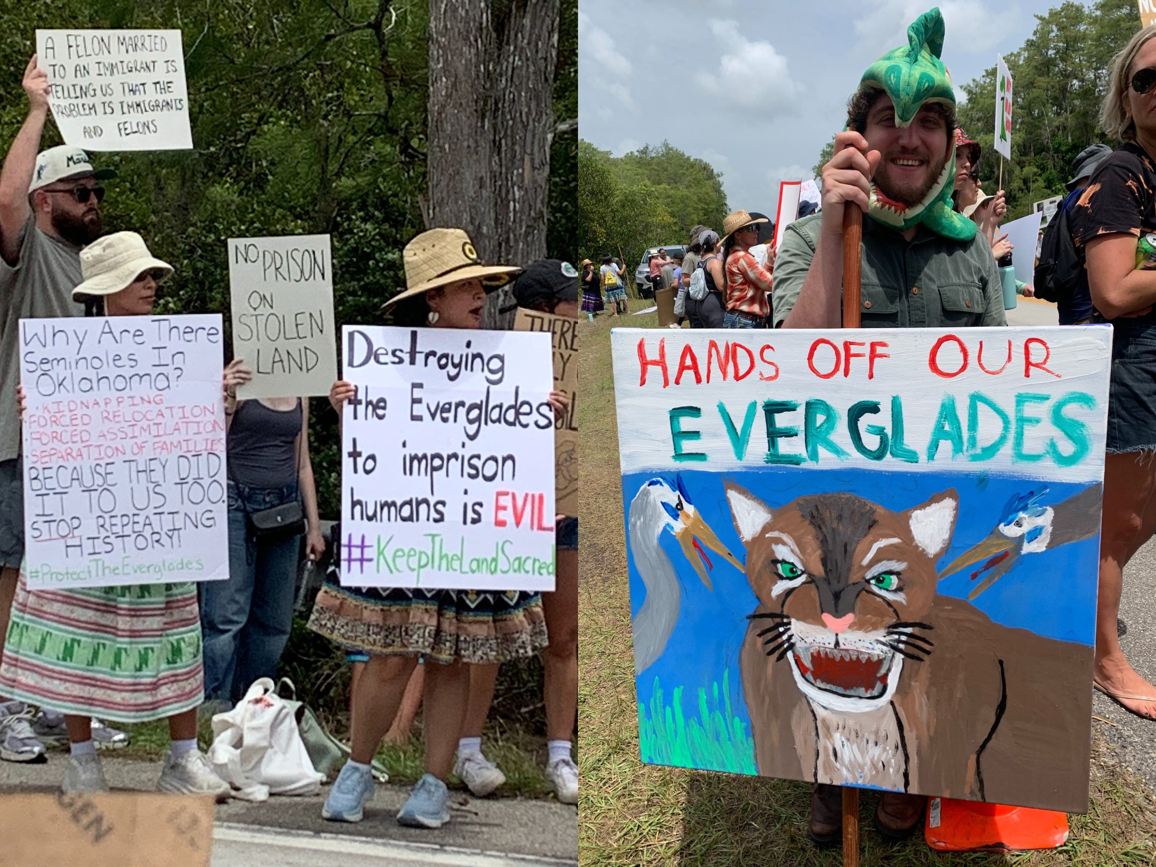 People hold signs protesting against Alligator Alcatraz in the Everglades