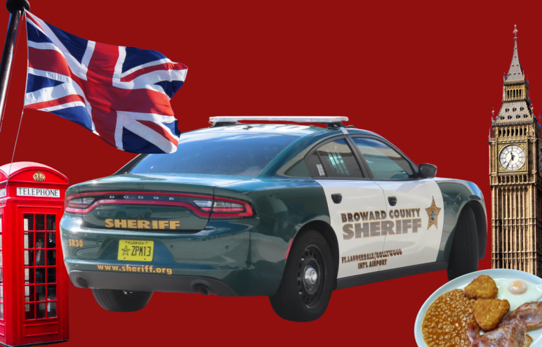 A Broward County Sheriff's Office (BSO) patrol car on a red background