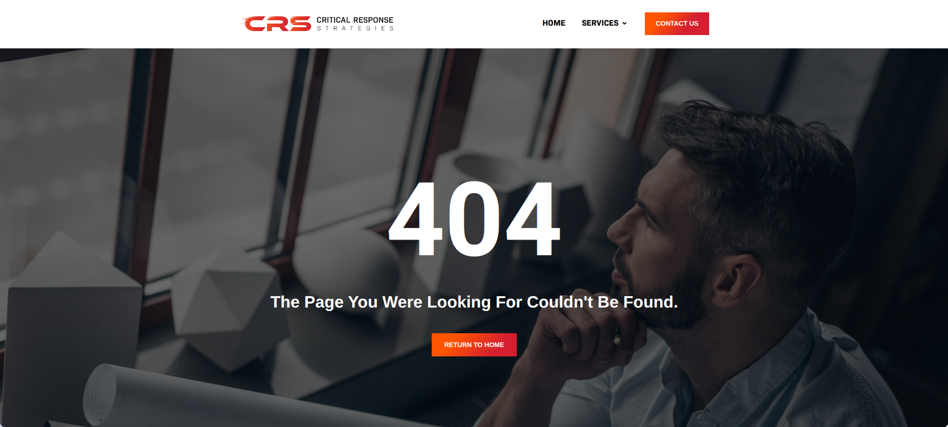 A screenshot shows a "404" error message where the "Our Leaders" page once lived on the website for Critical Response Strategies, a Jacksonville-based firm awarded a $78 million contract for security and support services at the site.