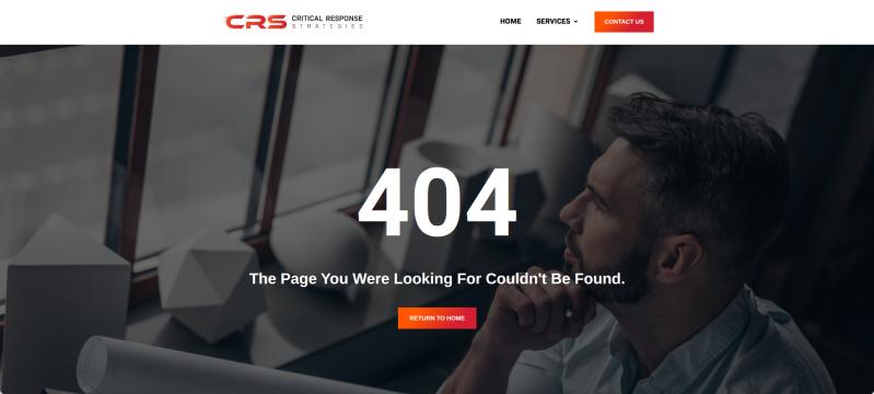 A screenshot shows a "404" error message where the "Our Leaders" page once lived on the website for Critical Response Strategies, a Jacksonville-based firm awarded a $78 million contract for security and support services at the site.