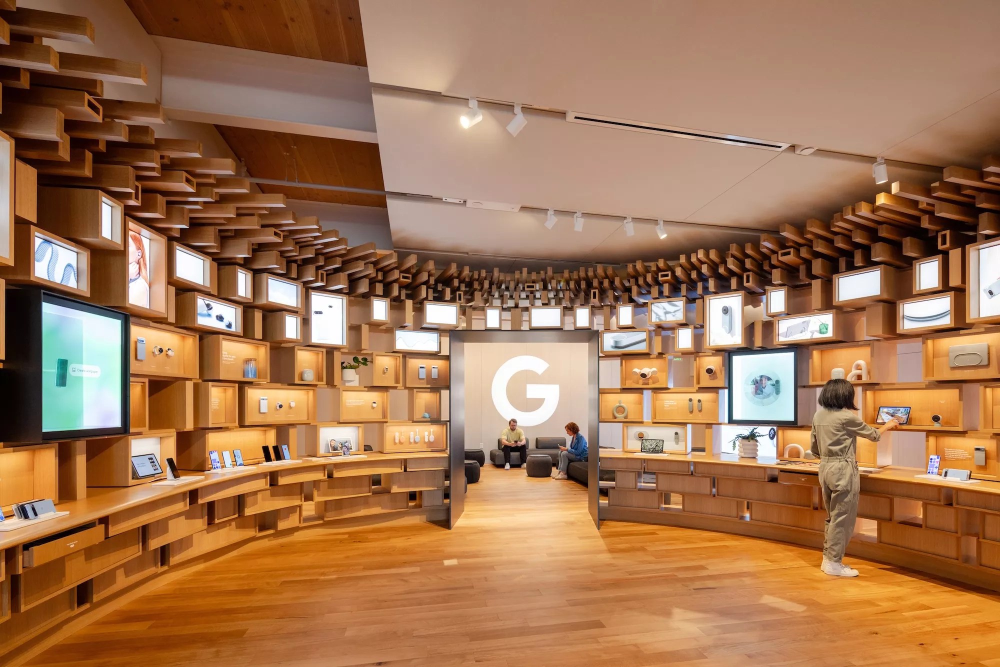 view inside a Google store with wood interiors and shelves