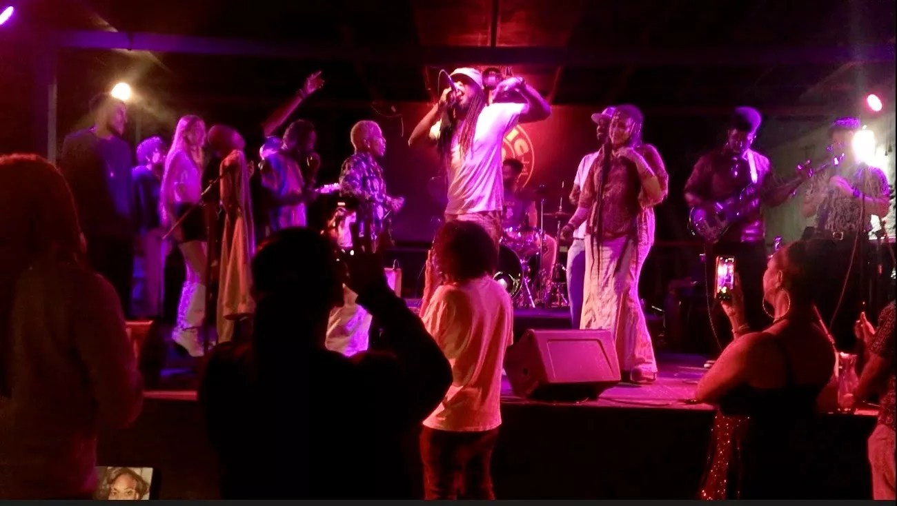 Picture of a man with dreadlocks singing on stage