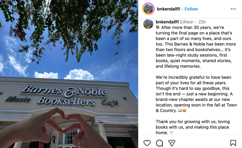 screenshot of an Instagram post announcing the closure of Barnes & Noble West Kendall