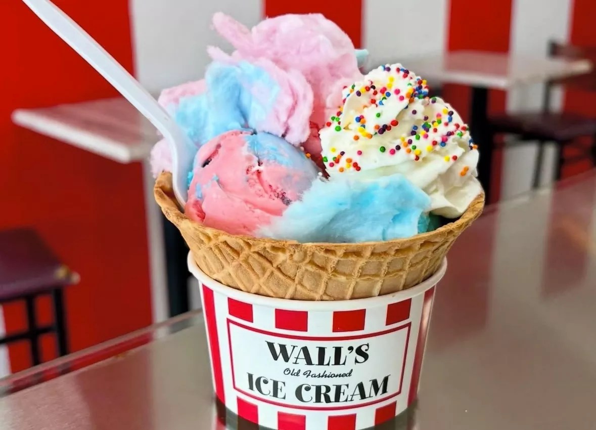 three ce cream scoops in a cne