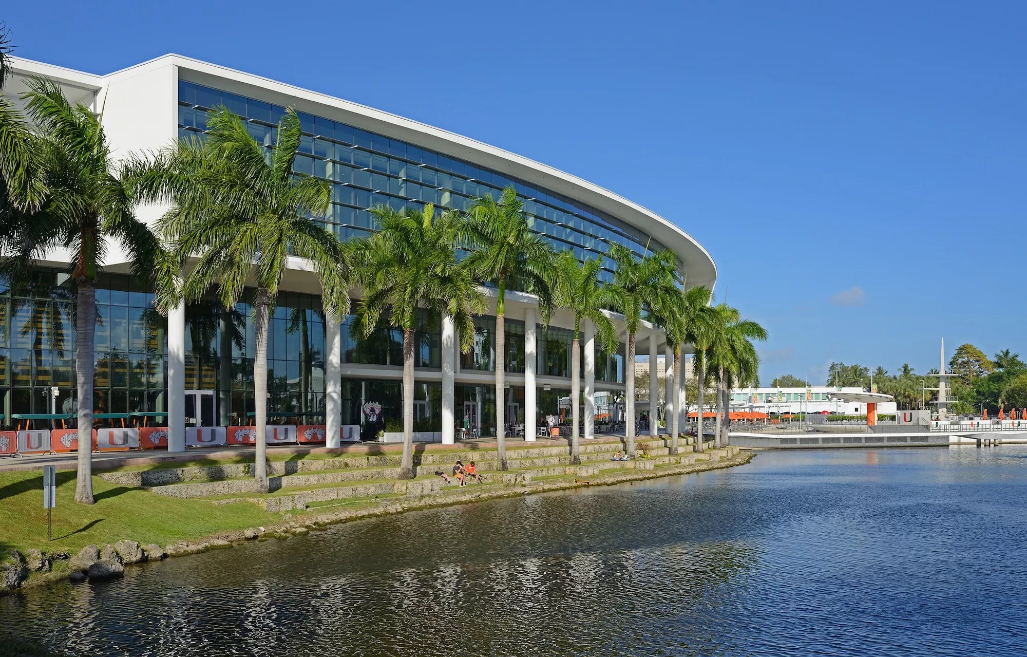 Shalala Student Center looking over Lake Osceola on University of Miami campus in Coral Gables, Florida.