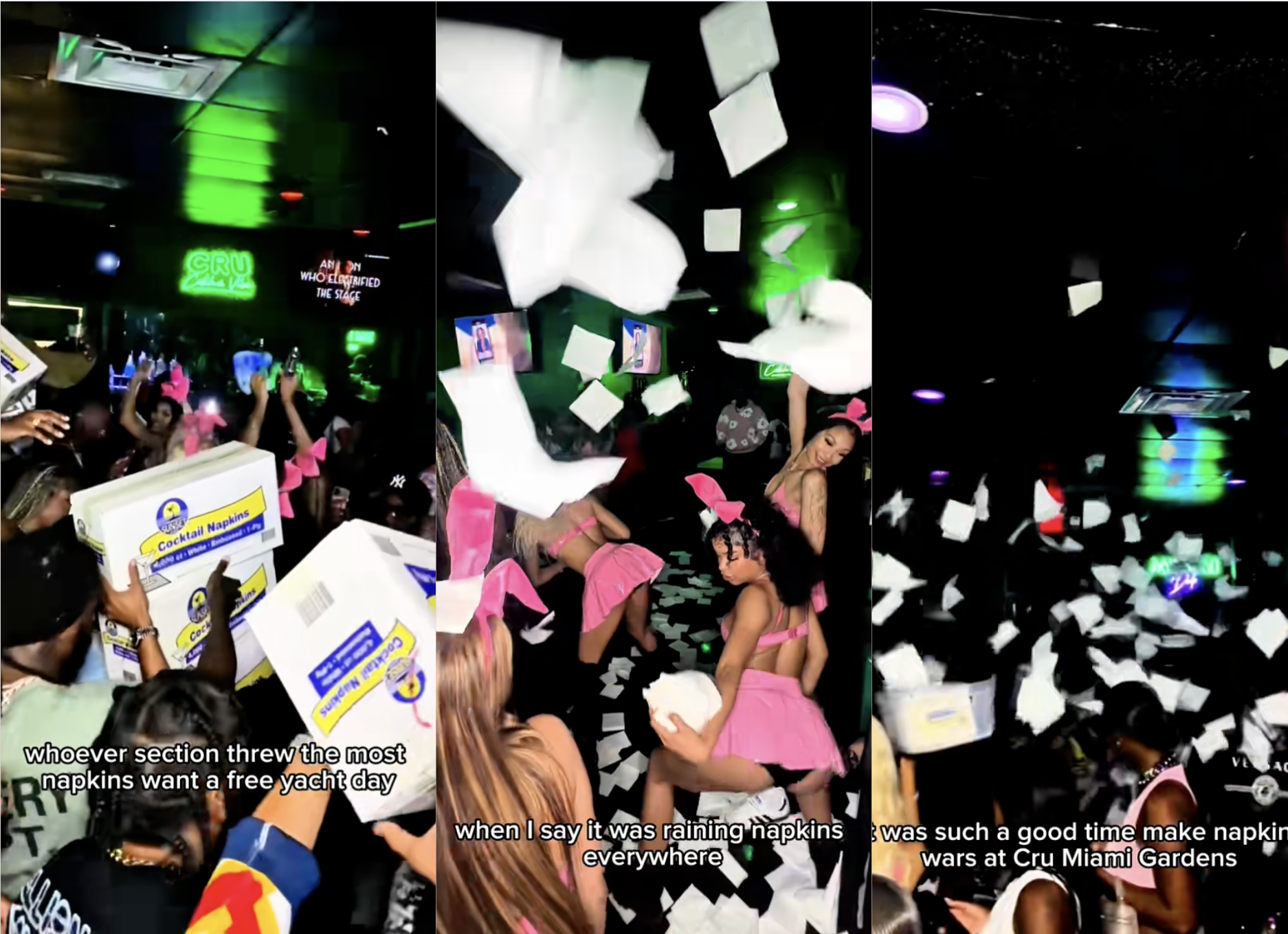three screenshots of a TikTok video showing napkins flying around a nightclub