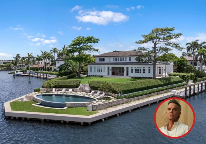 Picture of a waterfront mansion next to a portrait of Robbie Williams.