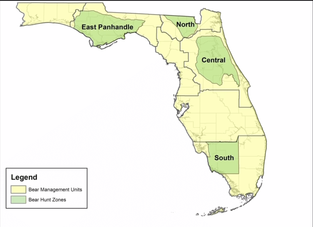 A map of approved black bear hunting areas in Florida.