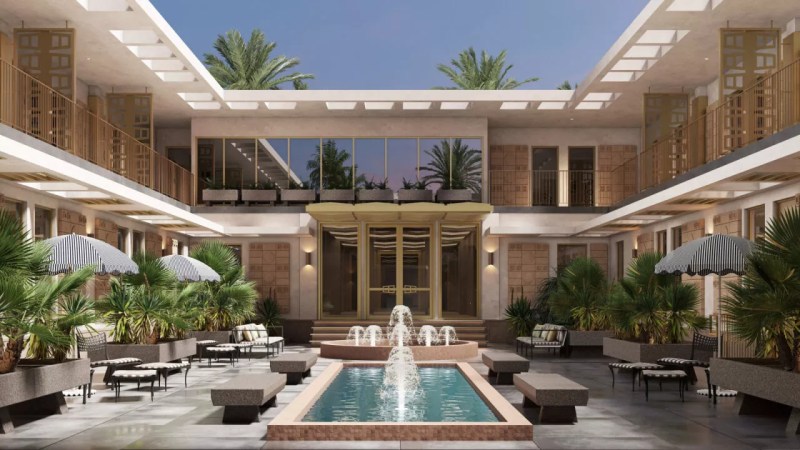 rendering of a couryard and water fountain at a luxury airport terminal