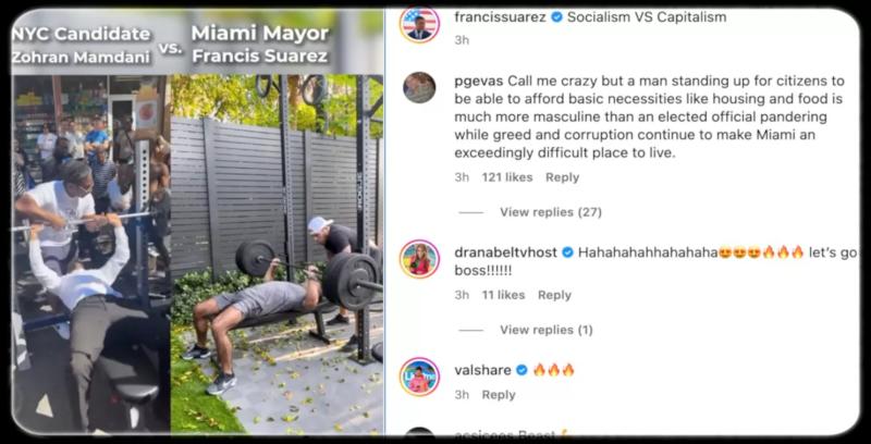 A screenshot of a video in which Miami Mayor Francis Suarez compared himself bench pressing what appears to be more weight than New York City mayoral candidate Zohran Mamdani, who is shown lifting what many agree appears to be 135 pounds.