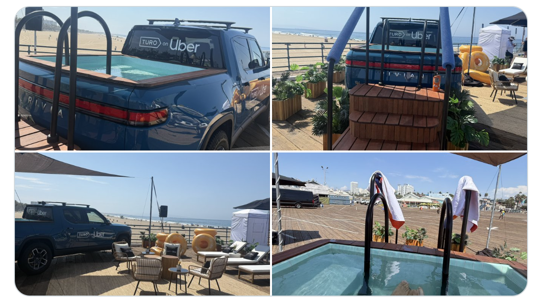 a collage of four images showing different angles of a pool inside the bed of a truck