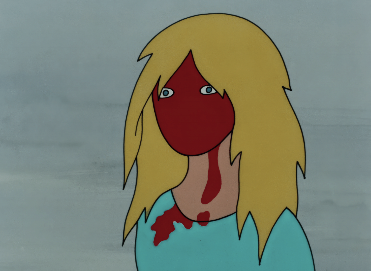 a cartoon of a blonde girl with blood on her face