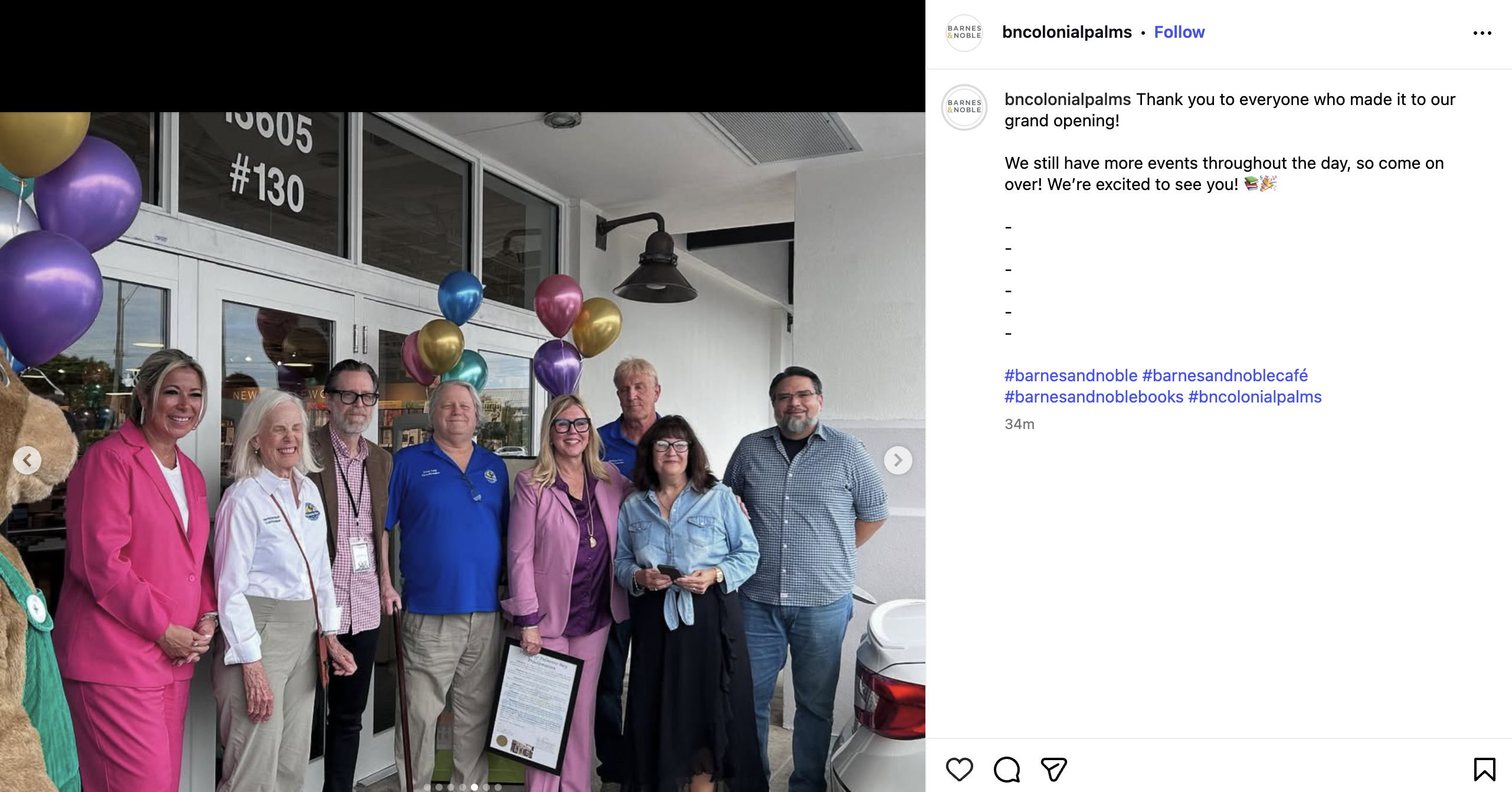 screenshot of an Instagram post showing the ribbon-cutting of a new Barnes & Noble bookstore