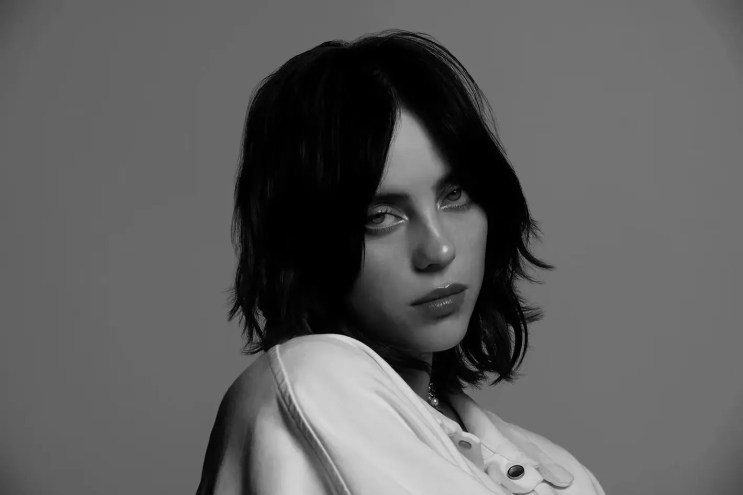 Black and white portrait of Billie Eilish.