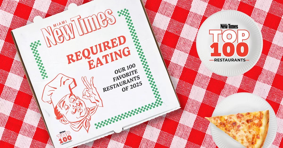 photo-illustration of a pizza box featuring the Miami New Times logo and an image of a stereotypical mustachioed, toqued chef; also a slice of pizza on a paper plate, all against a red-checkered tablecloth background
